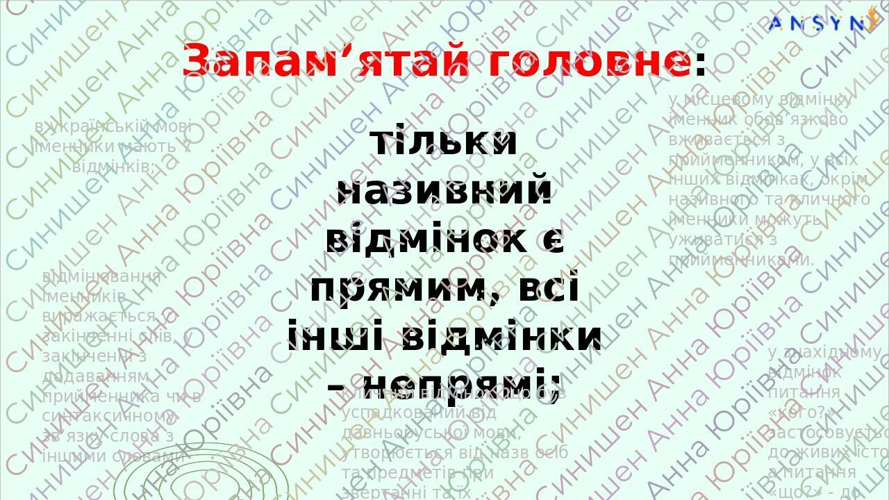 Запам’ятай головне: в українській мові іменники мають 7 відмінків; відмінювання іменників виражається у закінченні слів, у закінченні з додаванням ...