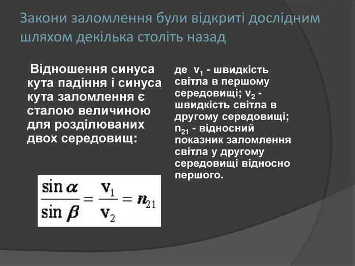 Закони заломлення були відкриті дослідним шляхом декілька століть назад Відношення синуса кута падіння і синуса кута заломлення є сталою величиною для розділюваних двох середовищ:де v1 - швидкість світла в першому середовищі; v2 - швидкість світла в другому середовищі; n21 - відносний показник заломлення світла у другому середовищі відносно першого.