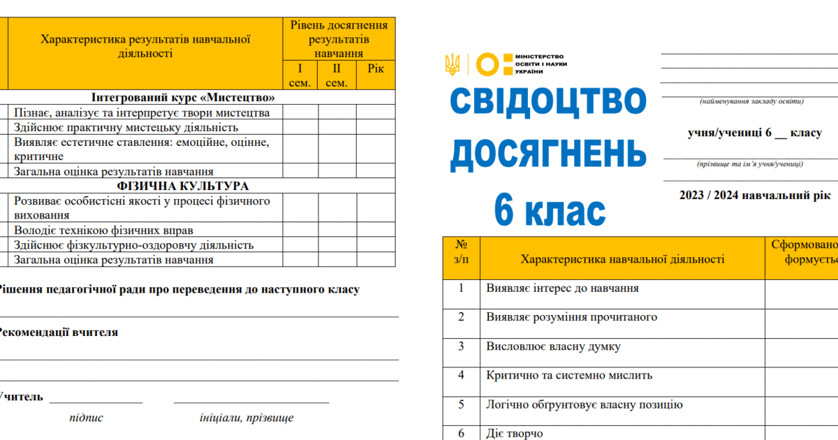 Свідоцтво досягнень 6 клас НУШ | Інші методичні матеріали. НУШ