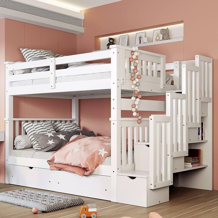 Amazon.com: MERITLINE Full Over Full Bunk Bed with Stairs and 6 Storage Drawers, Solid Wood Bunk Bed with Storage Drawers, for Kids Teens Adults (White) : Home & Kitchen
