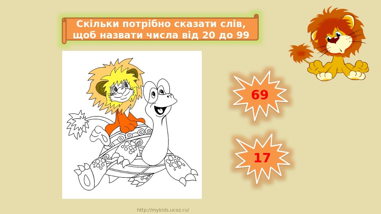 69 17 Скільки потрібно сказати слів, щоб назвати числа від 20 до 99 http://mykids.ucoz.ru/