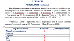 Календарно-тематичне планування з української мови, 9 клас (ІІ семестр)