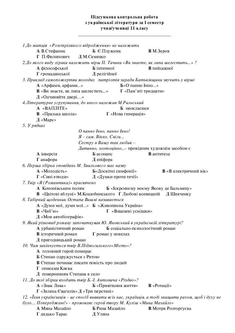 Підсумкова контрольна робота з української літератури для учнів 11 ...