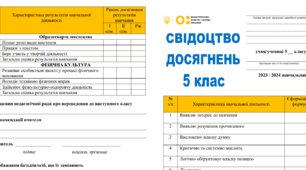 Свідоцтво досягнень для учнів 5 класу НУШ 2023-2024 н.р.