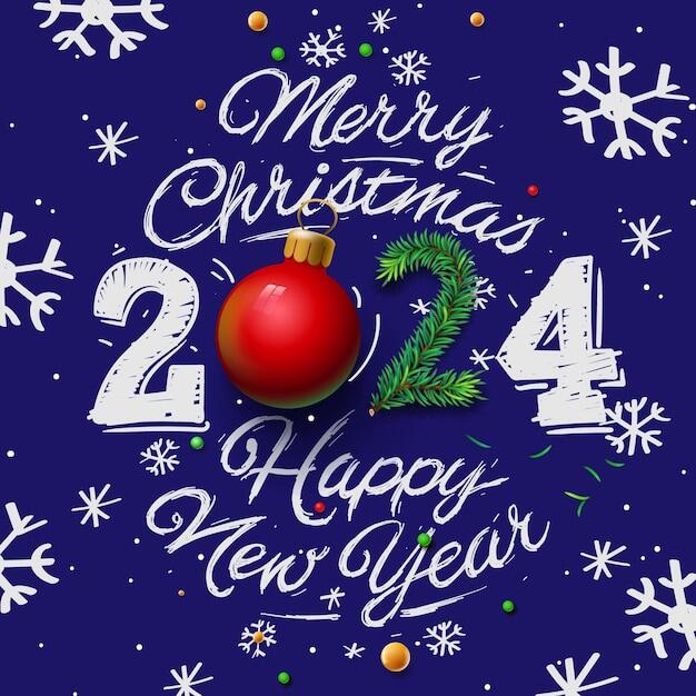 Vector merry christmas 2024 hand drawing ornamental number and text and doodle snowflakes on blue vector