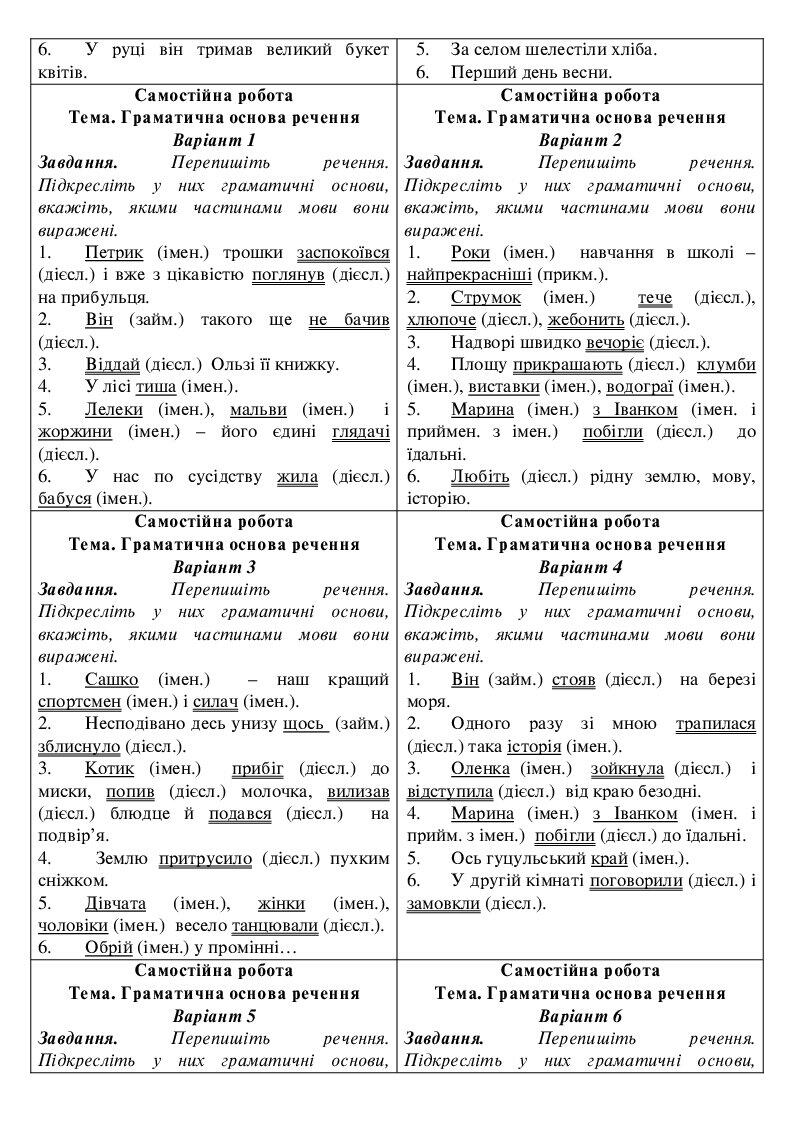 Самостійна робота "Граматична основа речення" (8 клас) | Інші методичні ...