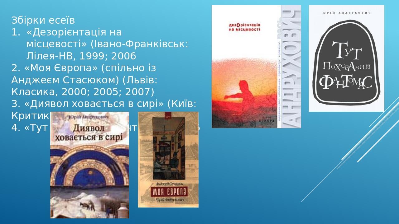 Збірки есеїв «Дезорієнтація на місцевості» (Івано-Франківськ: Лілея-НВ, 1999; 2006 2. «Моя Європа» (спільно із Анджеєм Стасюком) (Львів: Класика, 2...