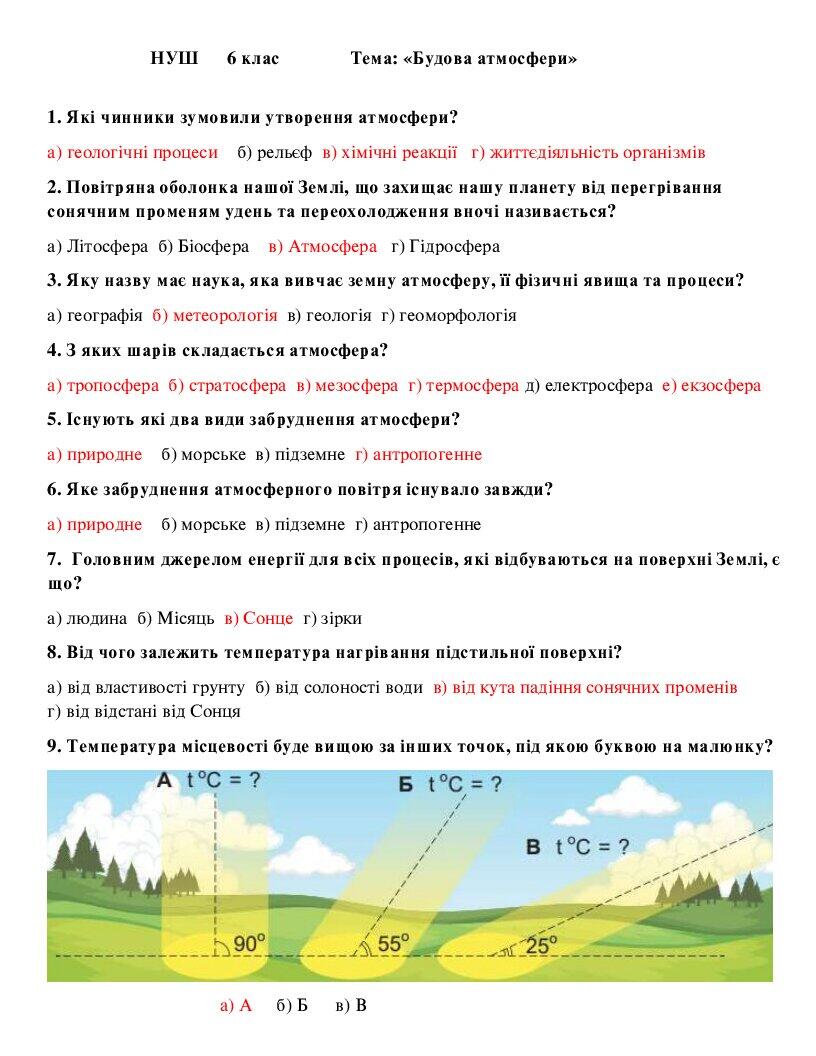 НУШ 6 клас Будова атмосфери письмова робота Тест Географія 9100