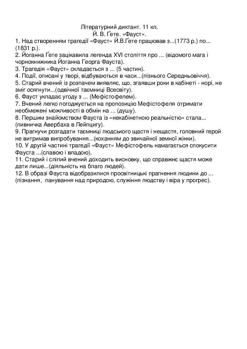 Літературний диктант. 11 клас. | . Зарубіжна література
