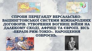 Спроби перегляду Версальсько-Вашингтонської системи міжнародних договорів. Утворення вогнищ війни на Далекому Сході, Африці та Європі. Вісь «Берлін-Рим-Токіо». Нарощення озброєнь.