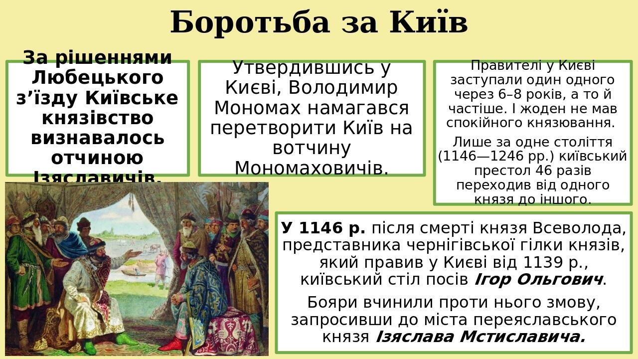 Боротьба за Київ За рішеннями Любецького з’їзду Київське князівство визнавалось отчиною Ізяславичів. Утвердившись у Києві, Володимир Мономах намага...
