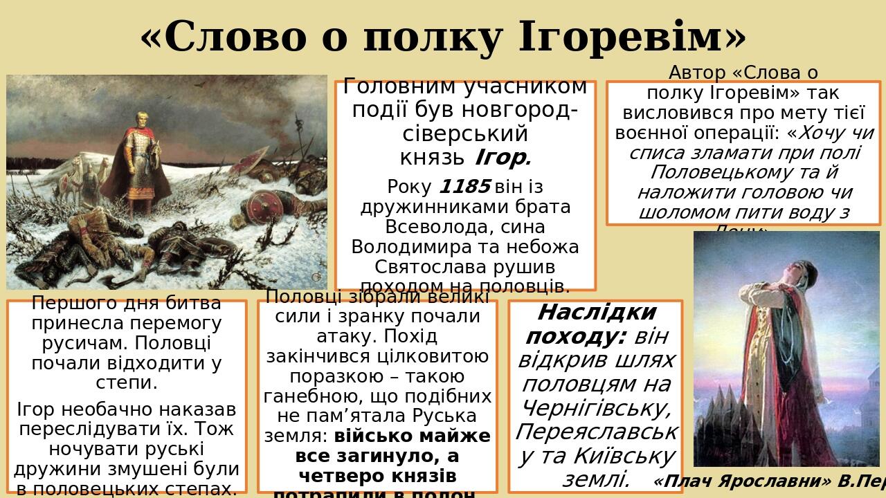  «Слово о полку Ігоревім»  «Плач Ярославни» В.Перов Головним учасником події був новгород-сіверський князь Ігор. Року 1185 він із дружинниками брат...