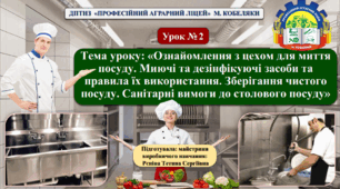 Презентація до уроку виробничого навчання №2 "Ознайомлення з цехом для миття посуду. Миючі та дезінфікуючі засоби та правила їх використання. Зберігання чистого посуду. Санітарні вимоги до столового посуду".