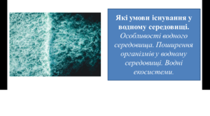Презентація для 6 класу на тему " Які умови існування у водному середовищі.  Особливості водного середовища. Поширення організмів у водному середовищі. Водні екосистеми. "