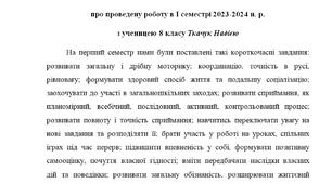 Звіт асистента вчителя про проведену роботу в інклюзивному класі за І семестр 2023-2024 н.р.