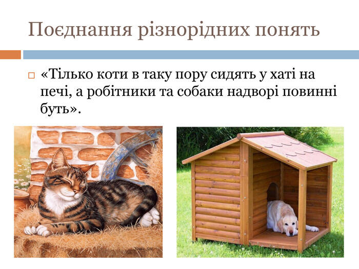 Поєднання різнорідних понять«Тілько коти в таку пору сидять у хаті на печі, а робітники та собаки надворі повинні буть».