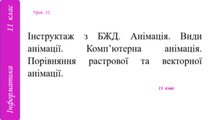 Інструктаж з БЖД. Анімація. Види анімації. Комп’ютерна анімація. Порівняння растрової та векторної анімації.