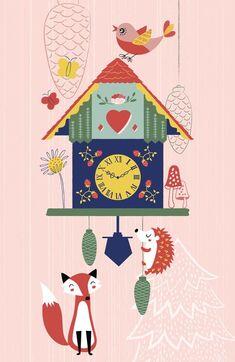 Пін може містити: an illustration of a clock and two animals hanging from it's sides on a pink background