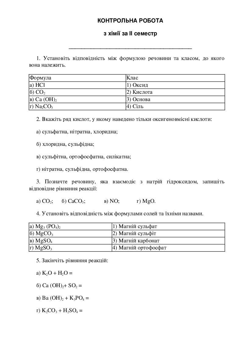 Контрольна робота з хімії 8 клас ІІ семестр | Інші методичні матеріали ...