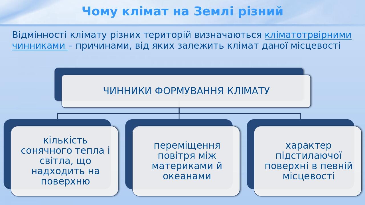 Чому клімат на Землі різний Відмінності клімату різних територій визначаються кліматотрвірними чинниками – причинами, від яких залежить клімат дано...