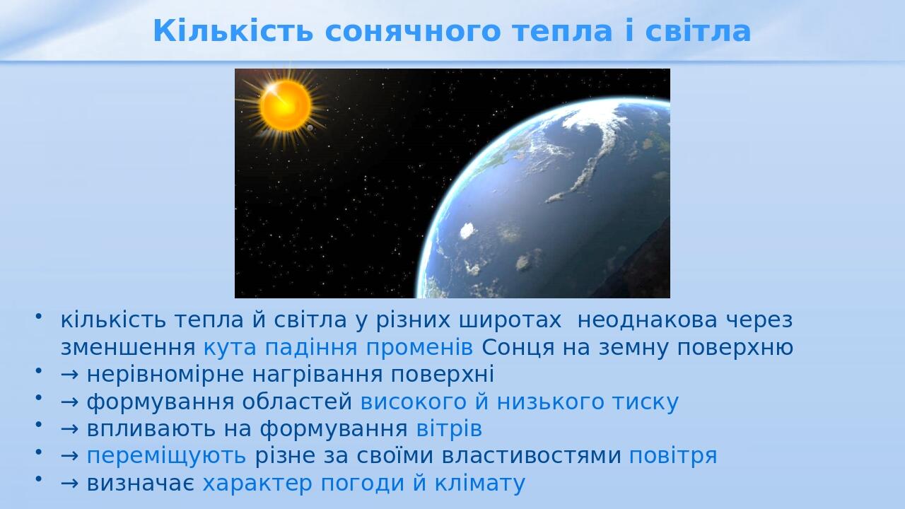 Кількість сонячного тепла і світла кількість тепла й світла у різних широтах неоднакова через зменшення кута падіння променів Сонця на земну поверх...