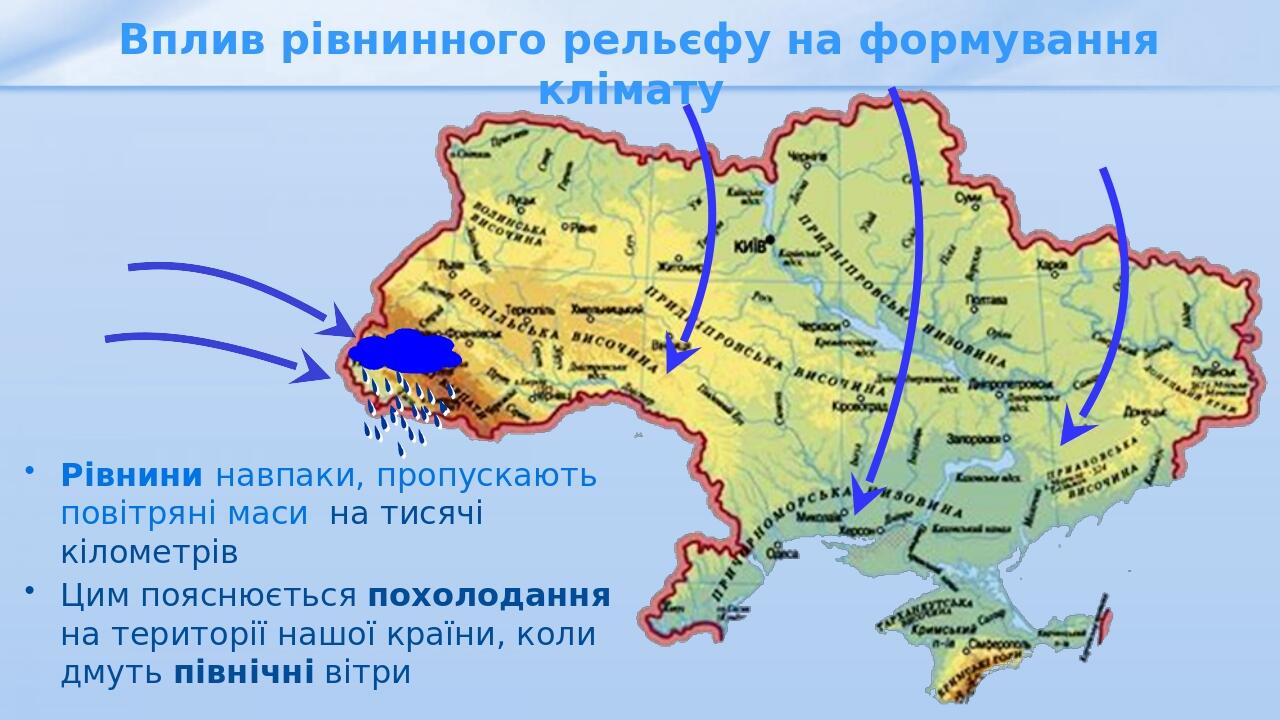 Рівнини навпаки, пропускають повітряні маси на тисячі кілометрів Цим пояснюється похолодання на території нашої країни, коли дмуть північні вітри В...